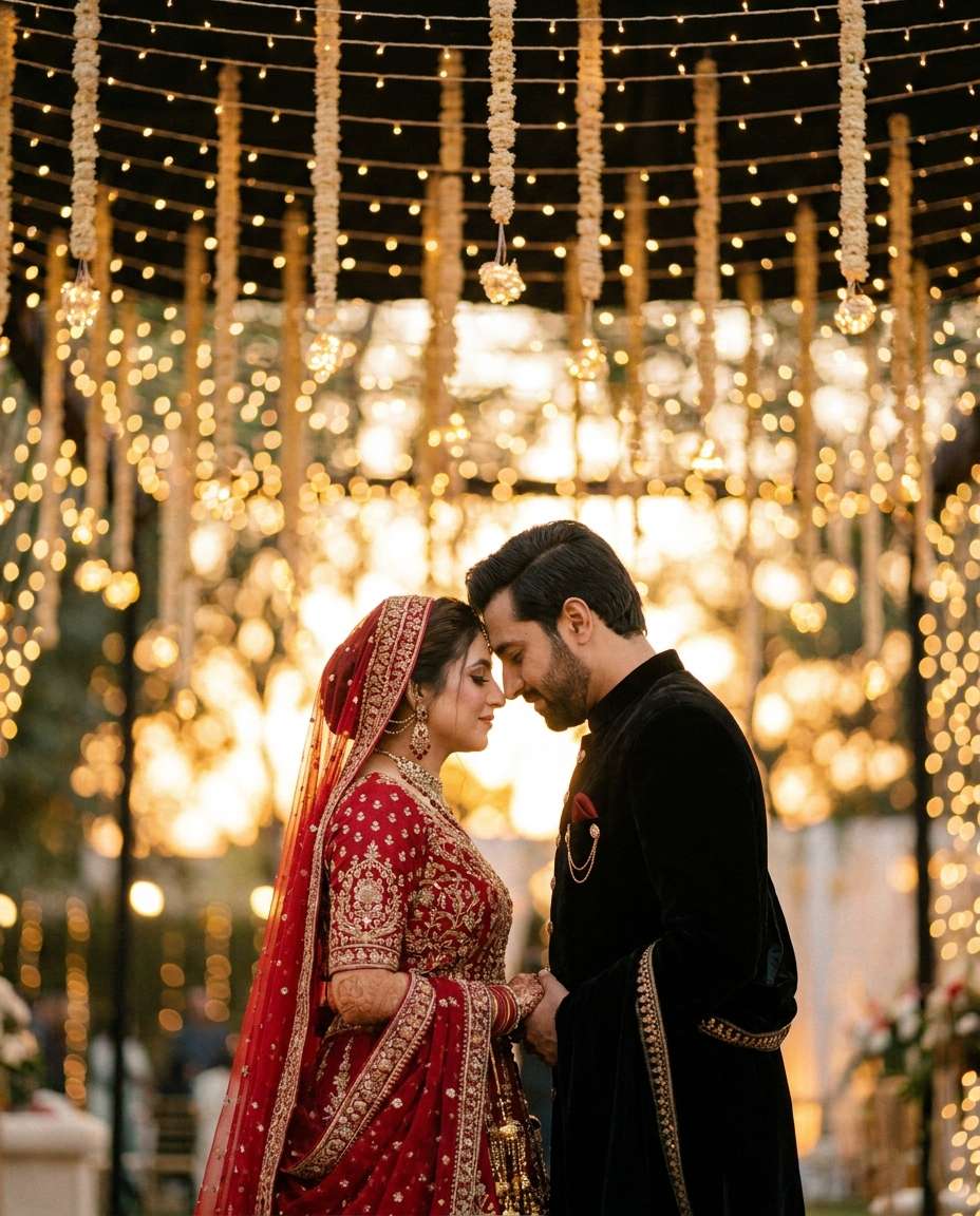 couple under fairy lights photo