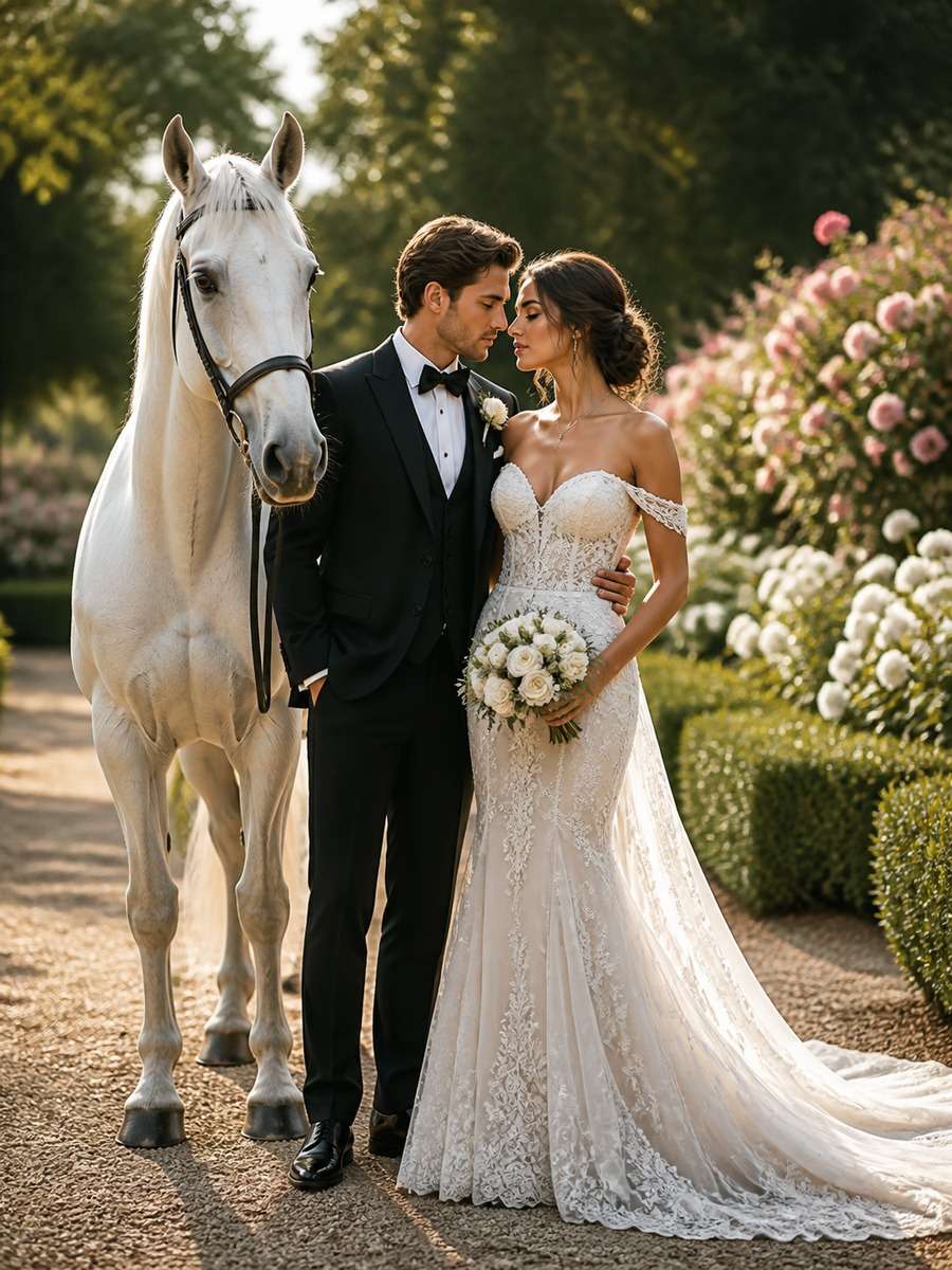 Classic White Horse Wedding Portrait photo