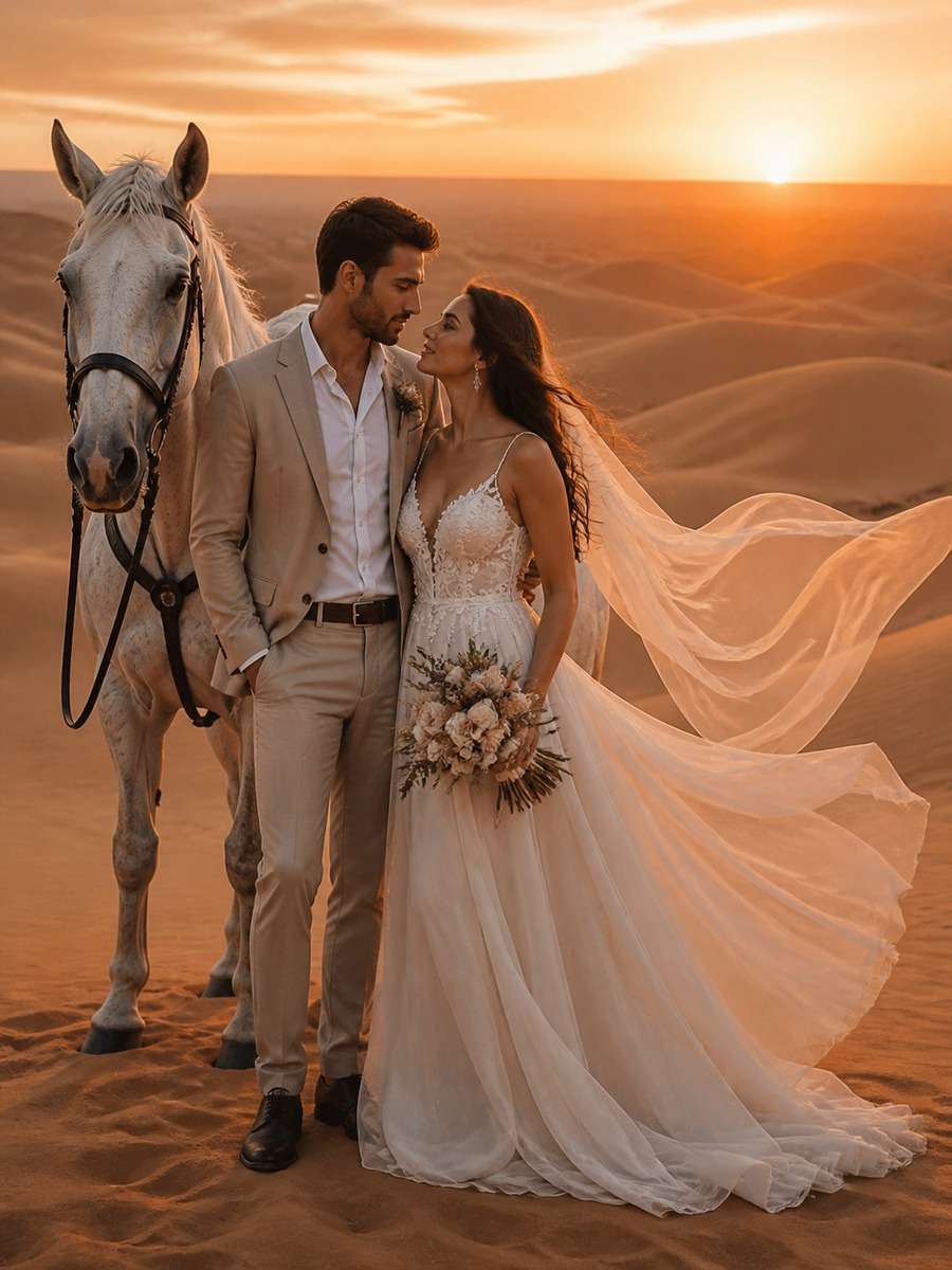 Desert Sunset Wedding With Horse photo