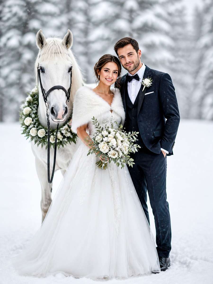 Snowy Winter Wedding With Horse photo