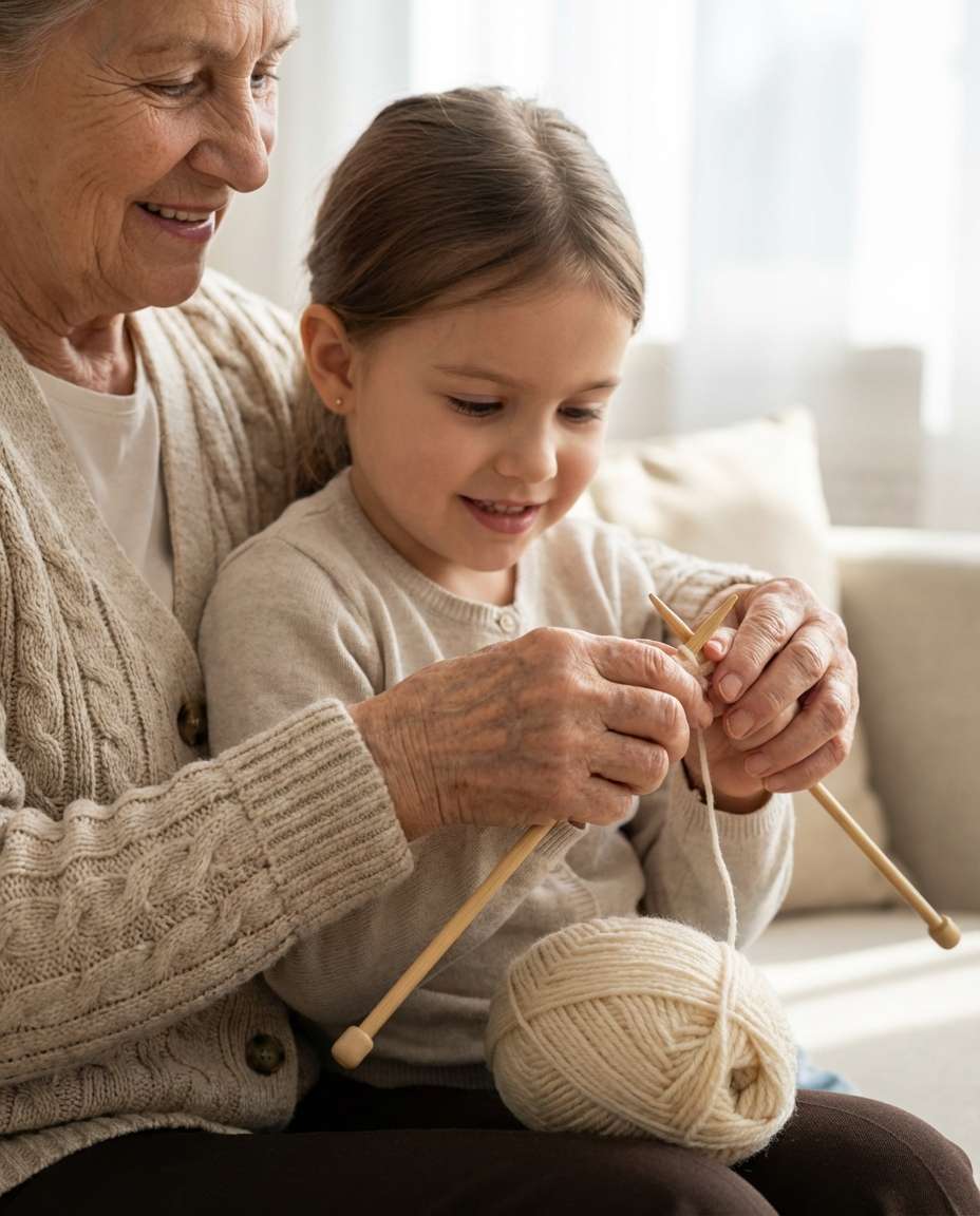 knitting lesson closeup photo