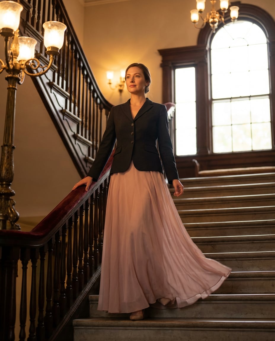 cinematic staircase pose photo