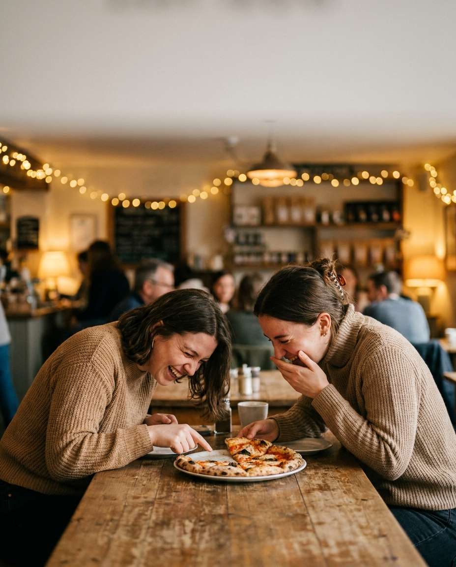 leaning over table laughing photo