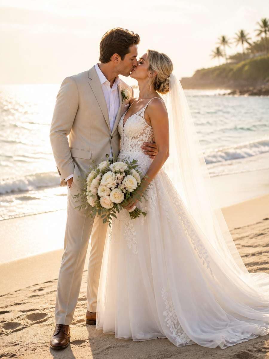 Sunlit Beach Kiss Portrait photo