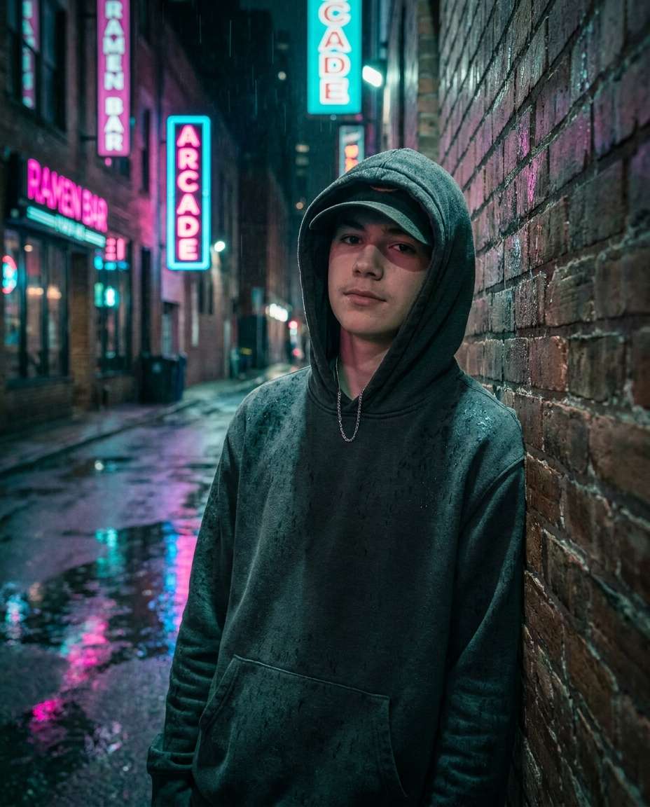 rainy neon alley photo