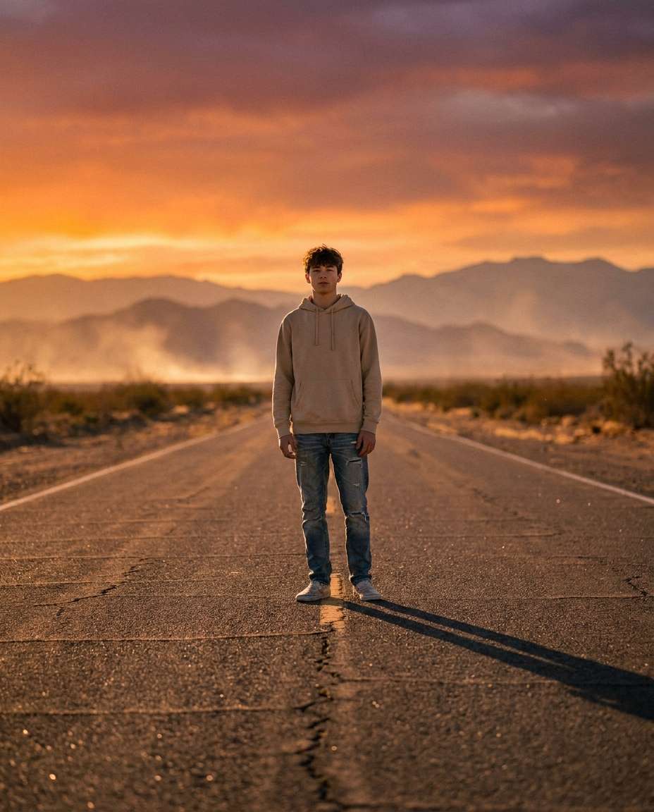 desert road sunset photo