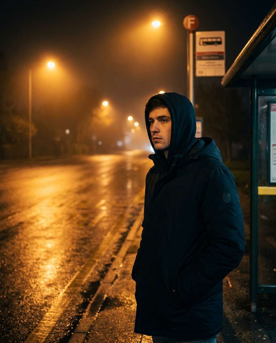 night bus stop glow photo