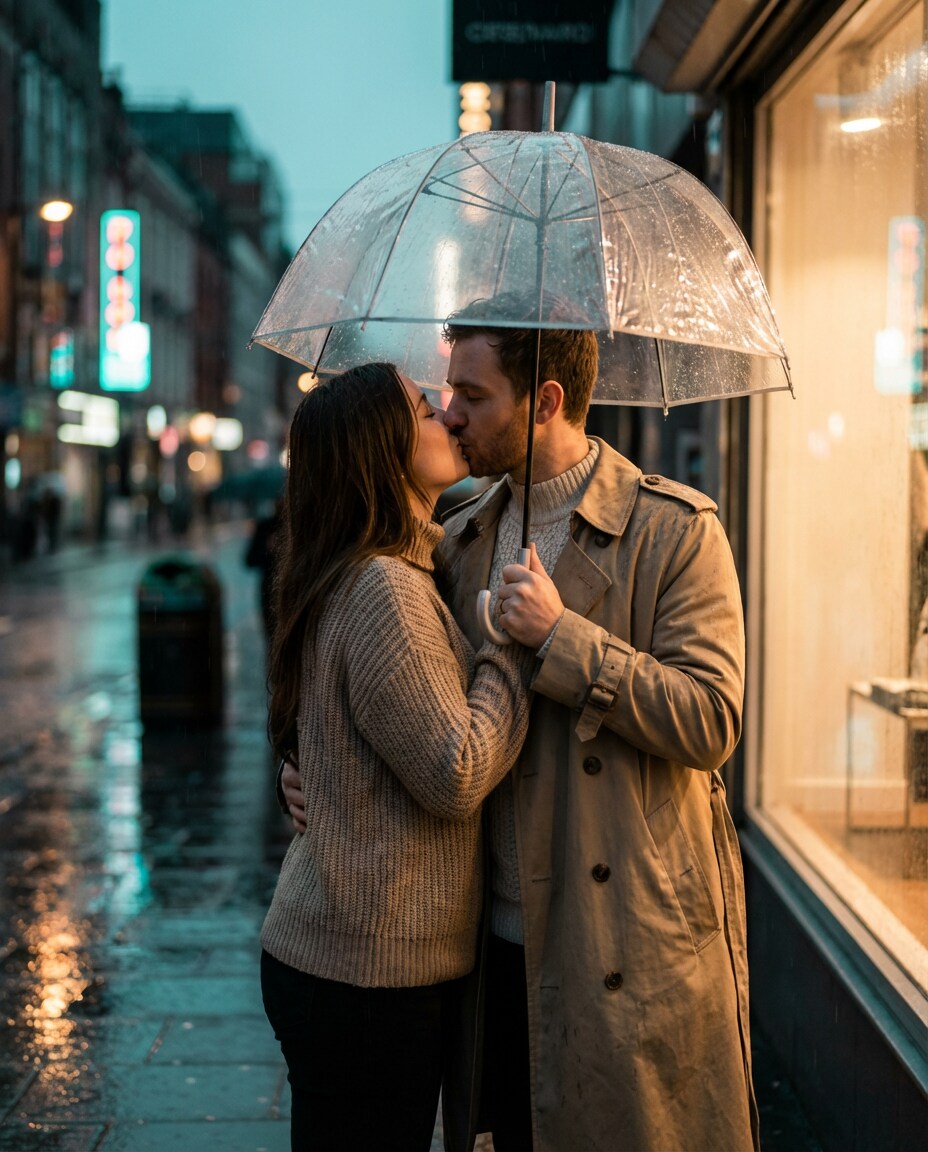 rainy city kiss photo