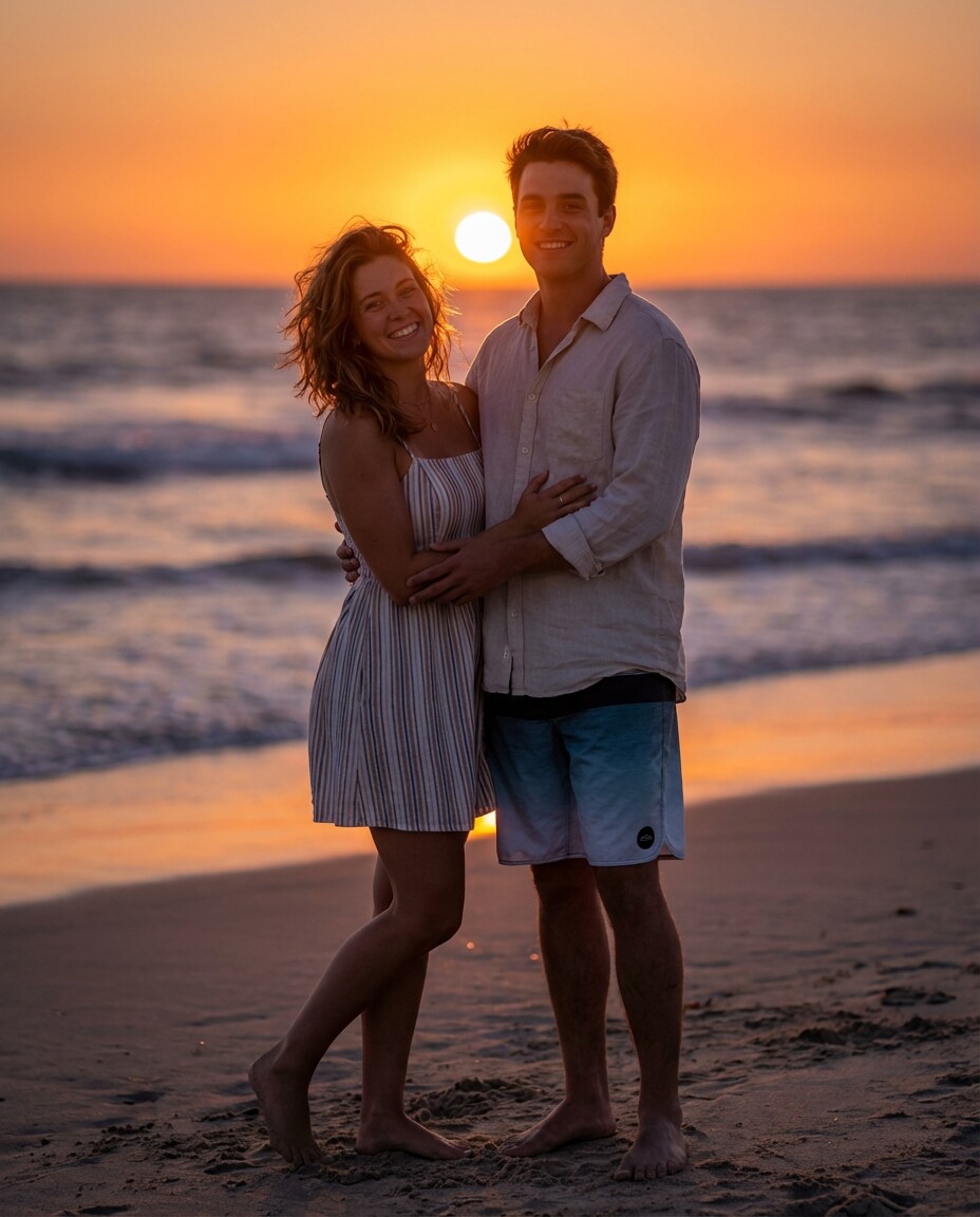 beachside sunset hug photo