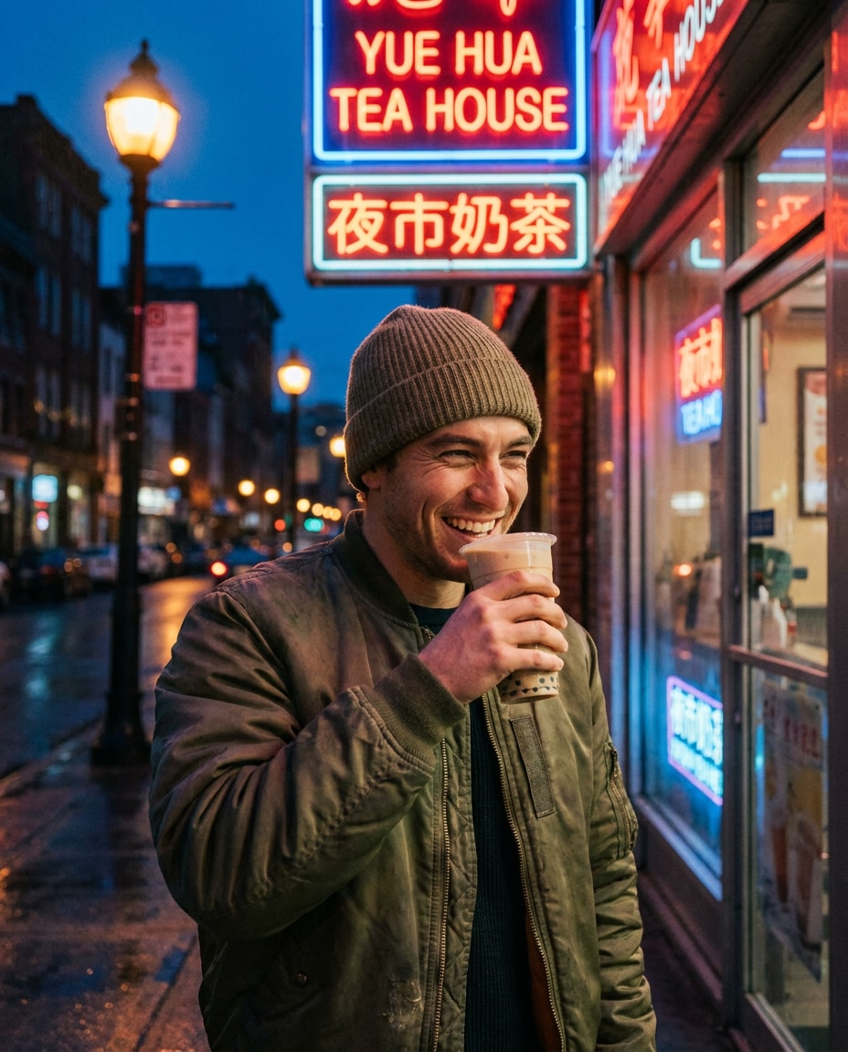 blue hour neon cafe photo