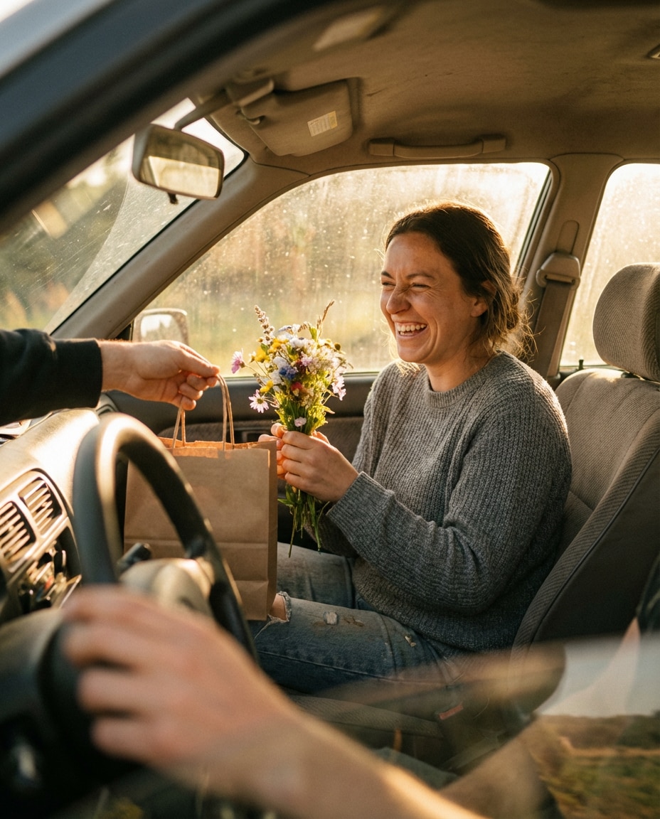 car surprise flowers photo