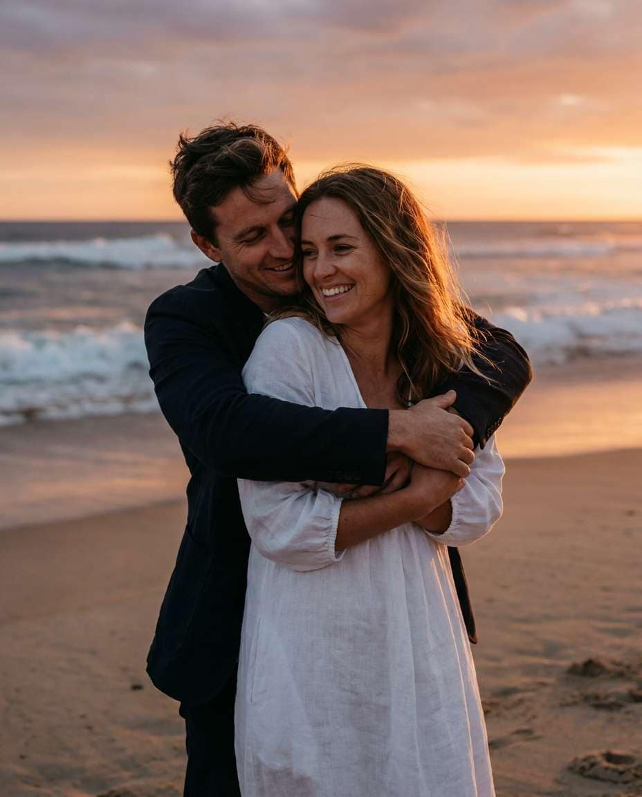 beach sunset hug photo