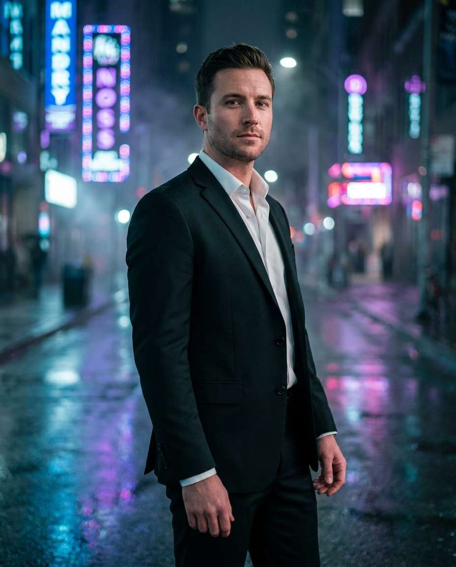 neon rain street photo