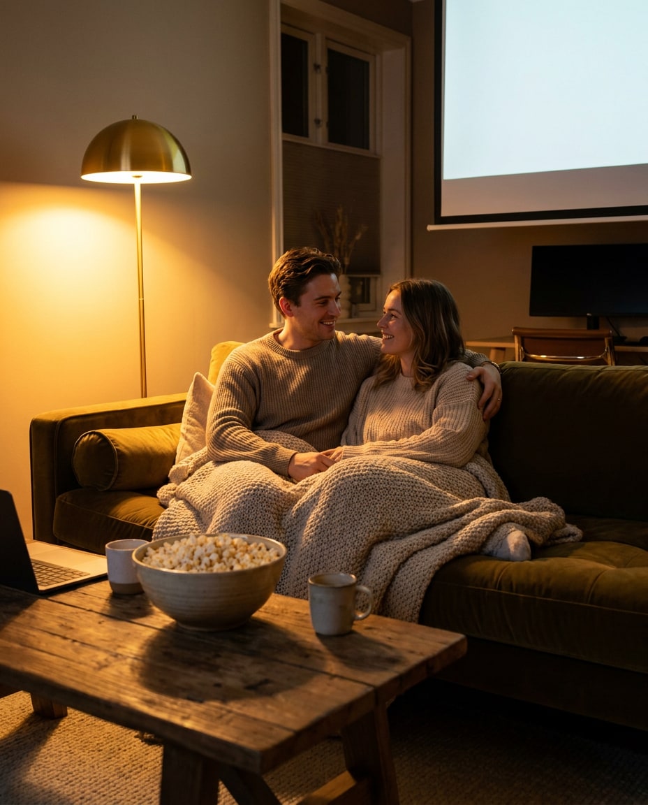couple cozy movie night photo