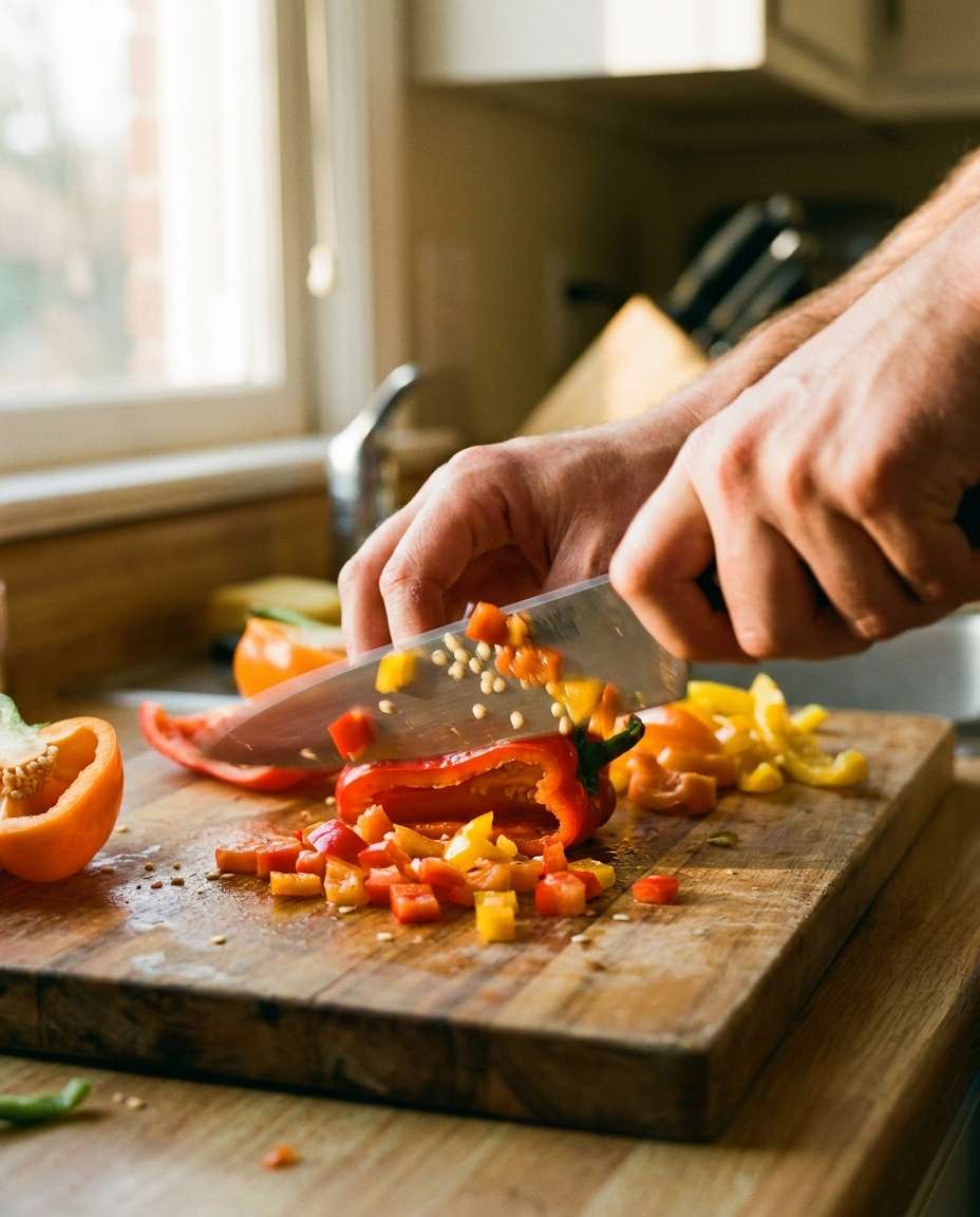 hands chopping peppers photo