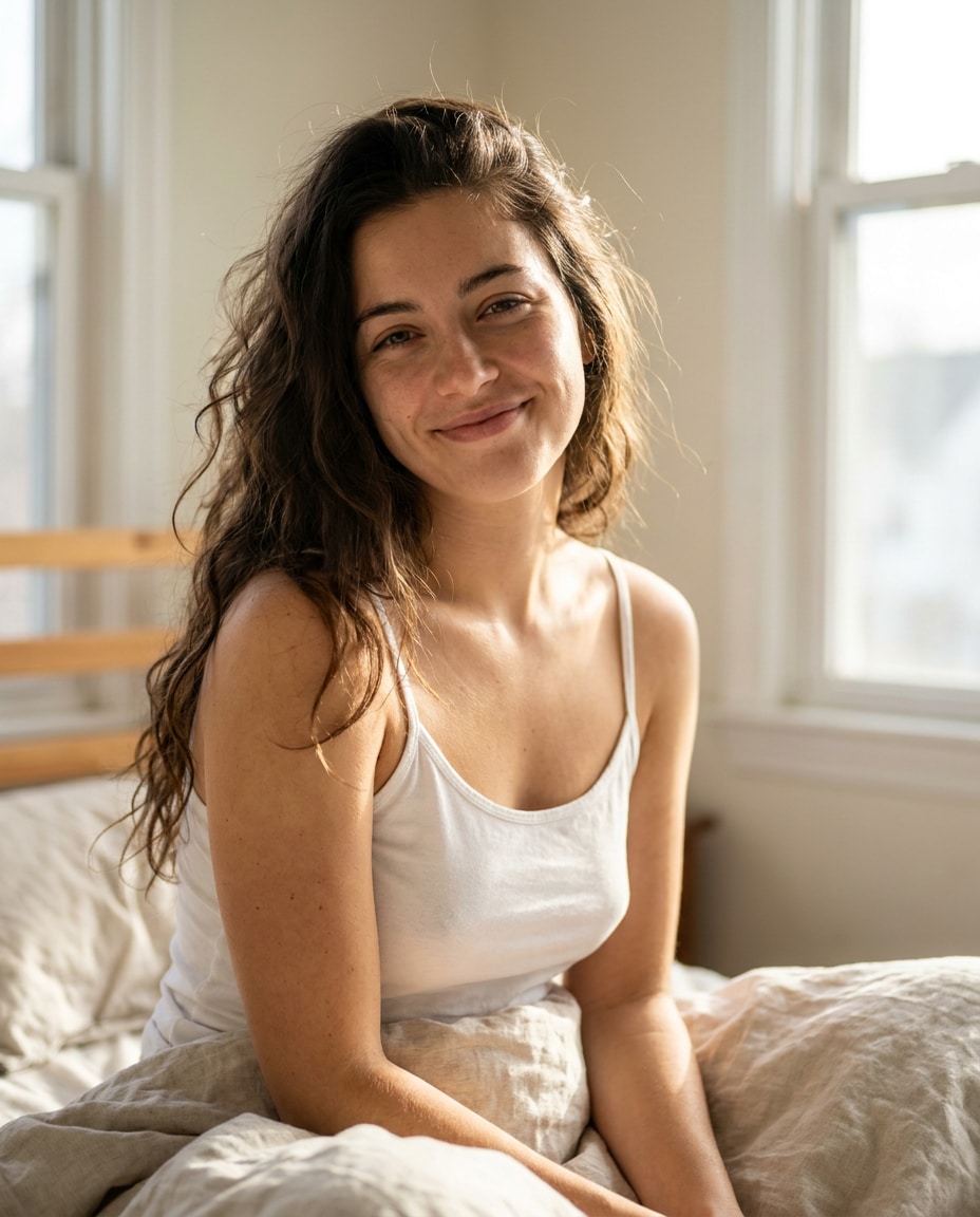 sunlit bedroom candid photo