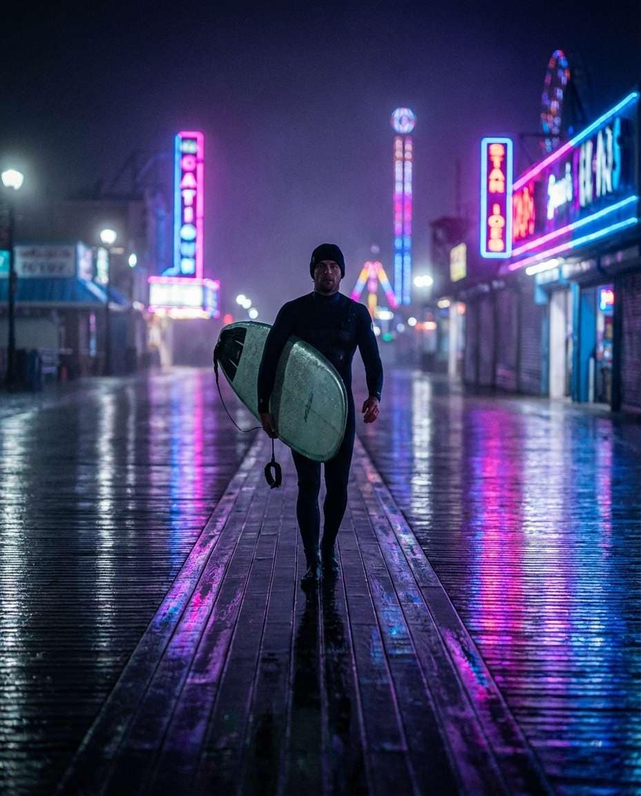 neon night boardwalk photo