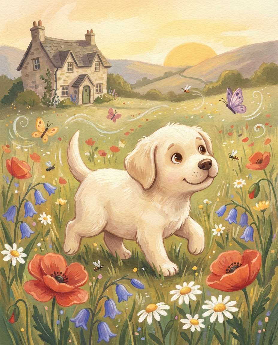 storybook meadow puppy photo
