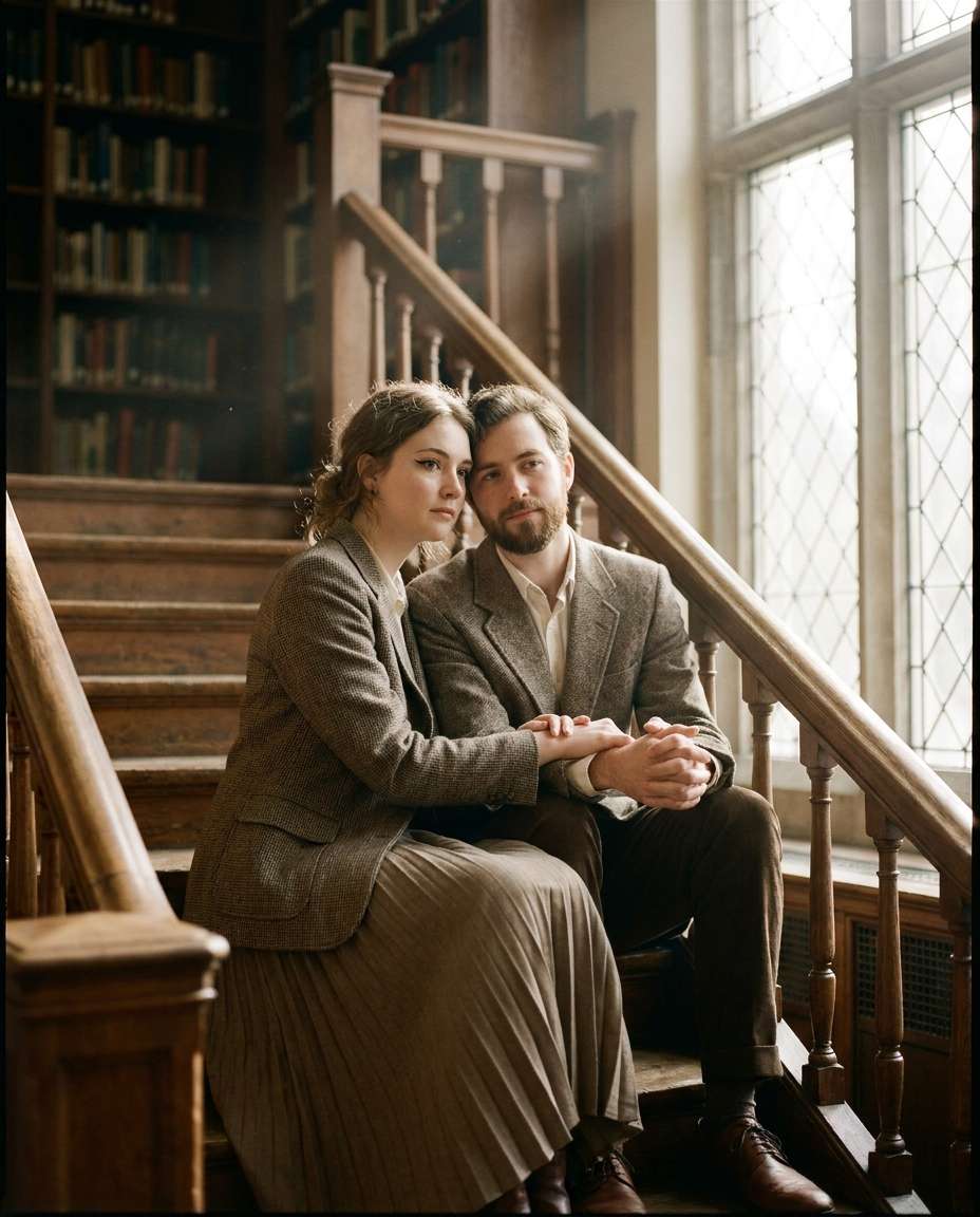 library staircase pose photo