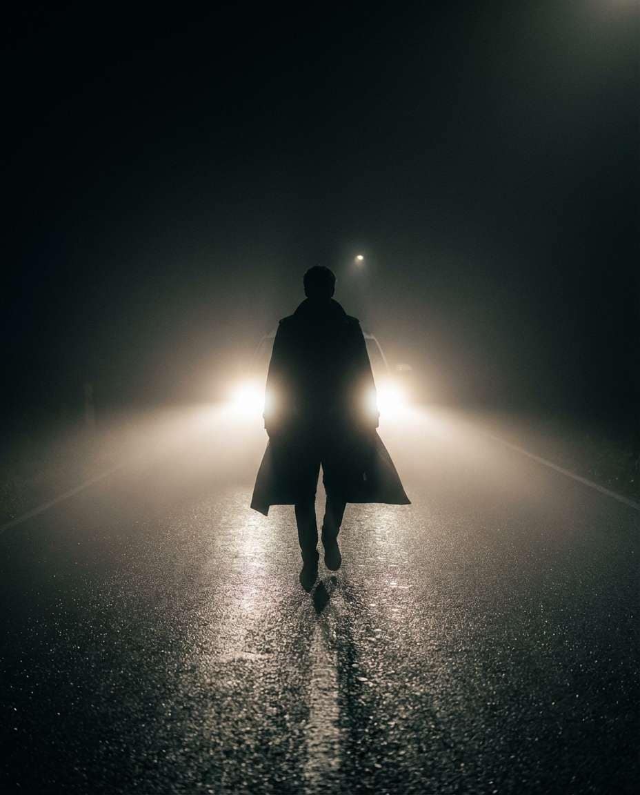 foggy headlights road photo