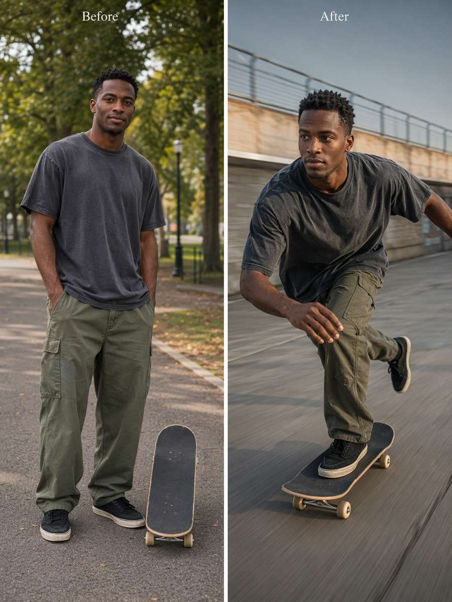 Street Push-Off: Low-Angle Tracking Shot: reference Before and AI-created skate action After