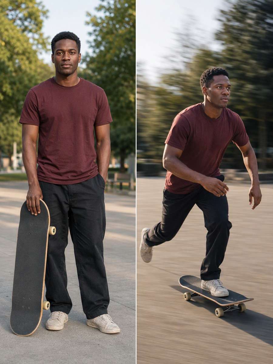 Warm 35mm Skate Session: reference Before and AI-created skate action After