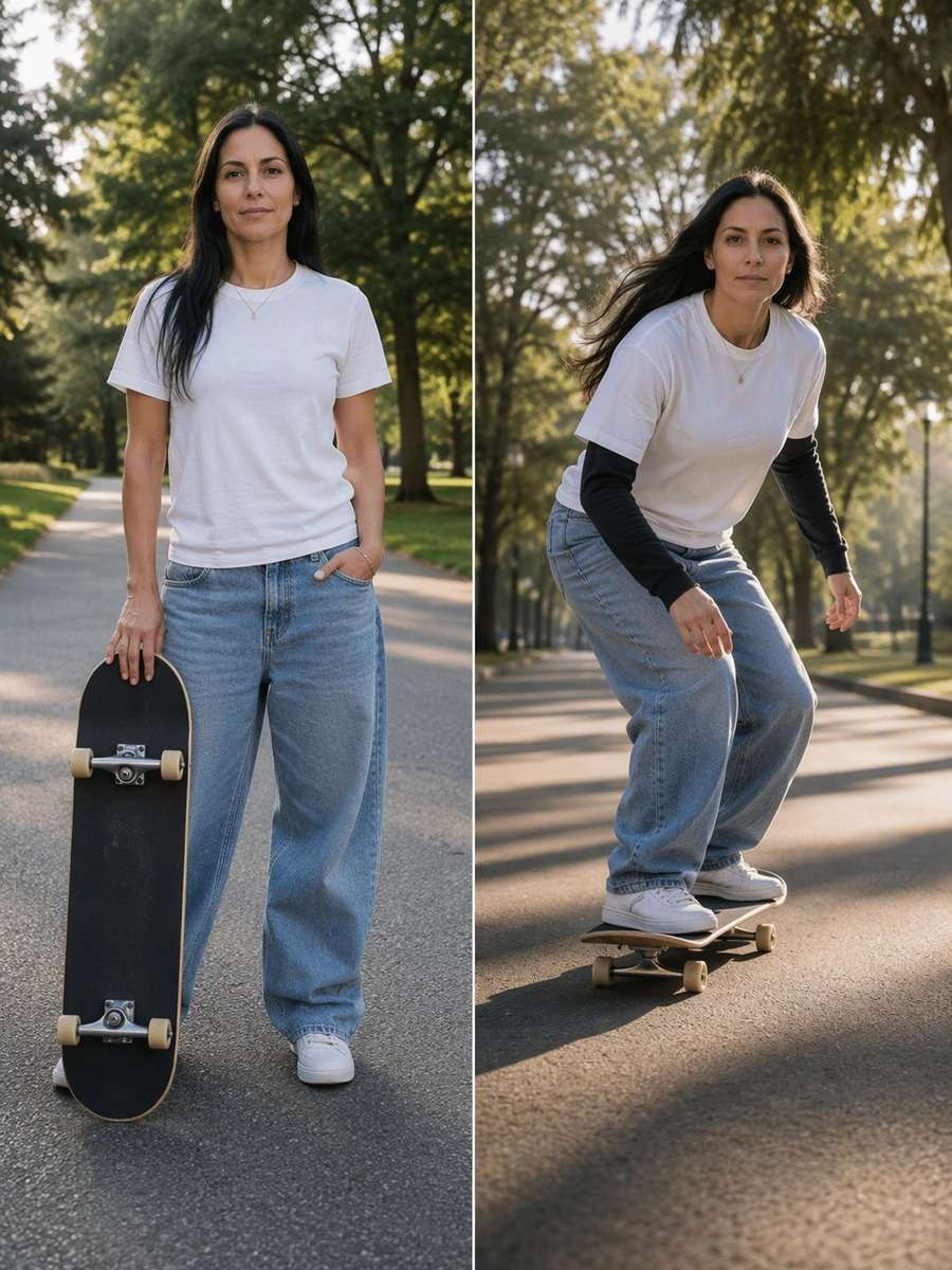 Baggy Denim Rolling Frame: reference Before and AI-created skate action After