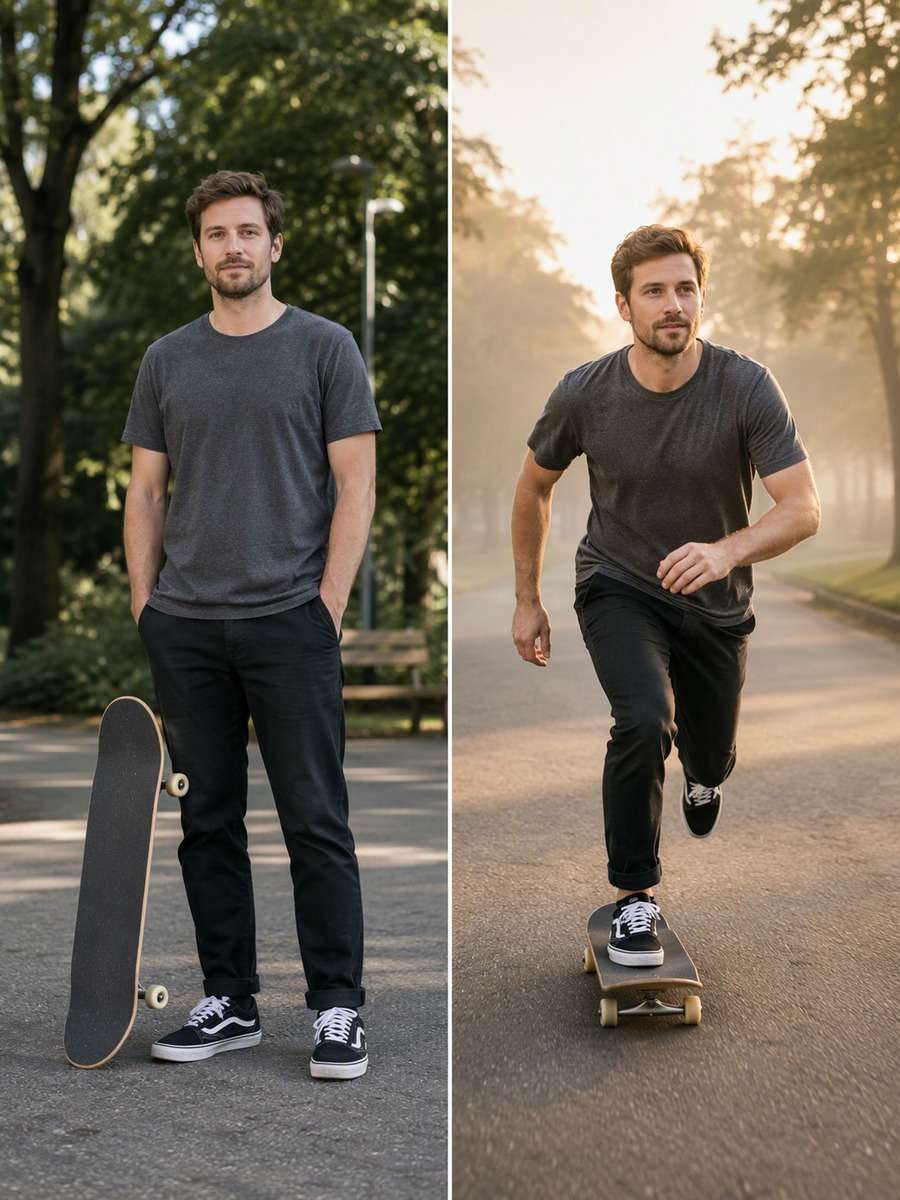 Morning Park Push: reference Before and AI-created skate action After
