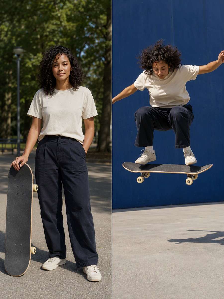Hard-Light Flatground Ollie: reference Before and AI-created skate action After