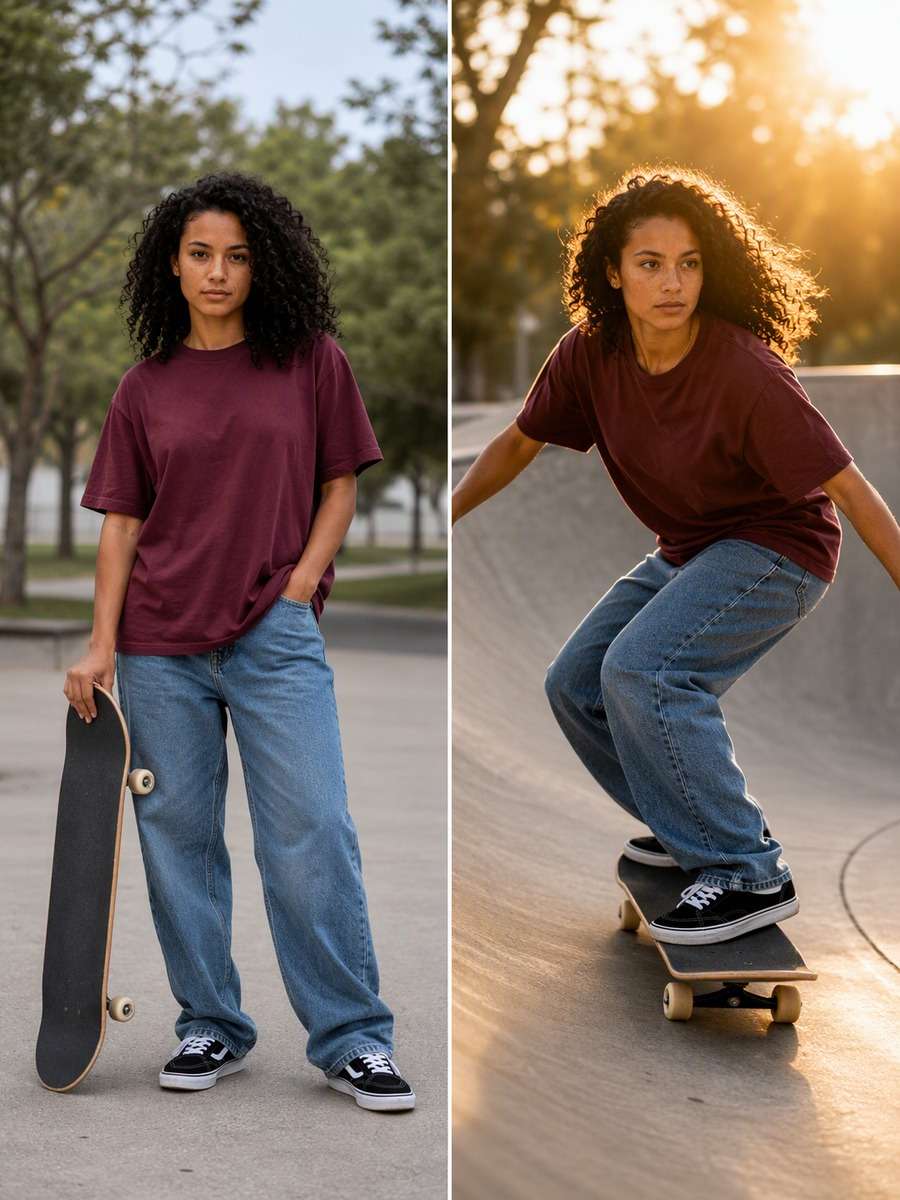 Girl Skater Low Cruise: reference Before and AI-created skate action After