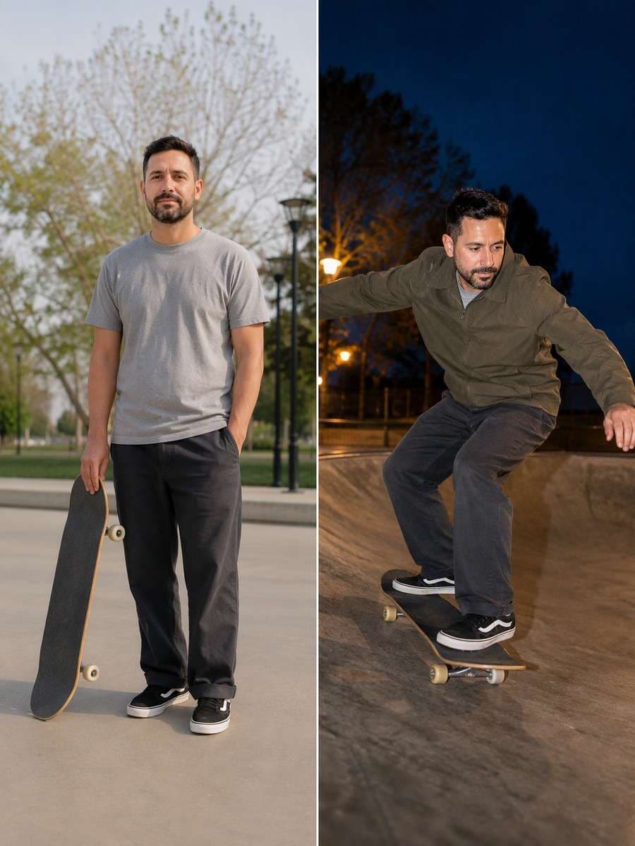 Skater Boy Flash Carve: reference Before and AI-created skate action After