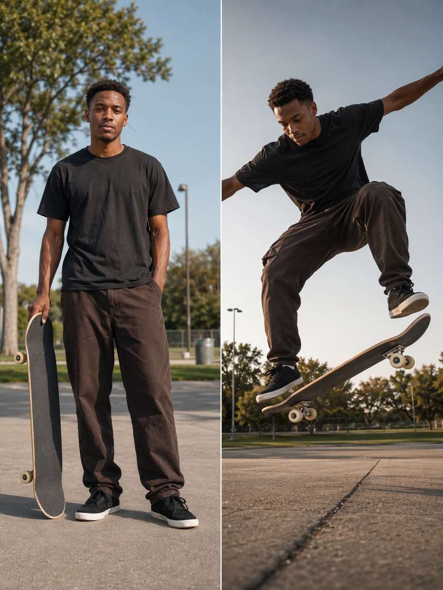 Ground-Level Pop Moment: reference Before and AI-created skate action After