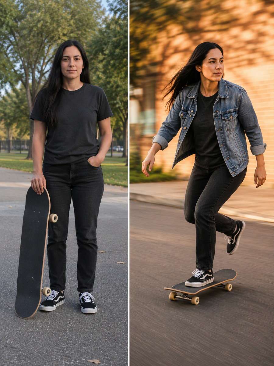 Denim Jacket Push-Off: reference Before and AI-created skate action After
