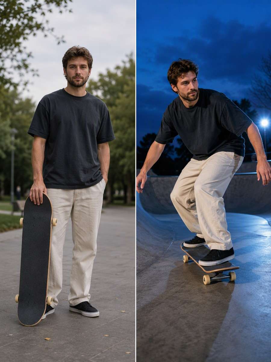 Blue-Hour Bowl Cruise: reference Before and AI-created skate action After