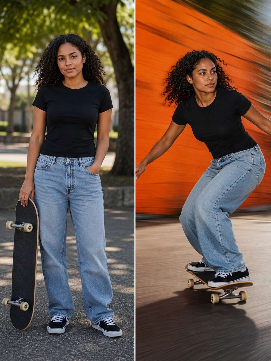 Flash-Frozen Turn: reference Before and AI-created skate action After