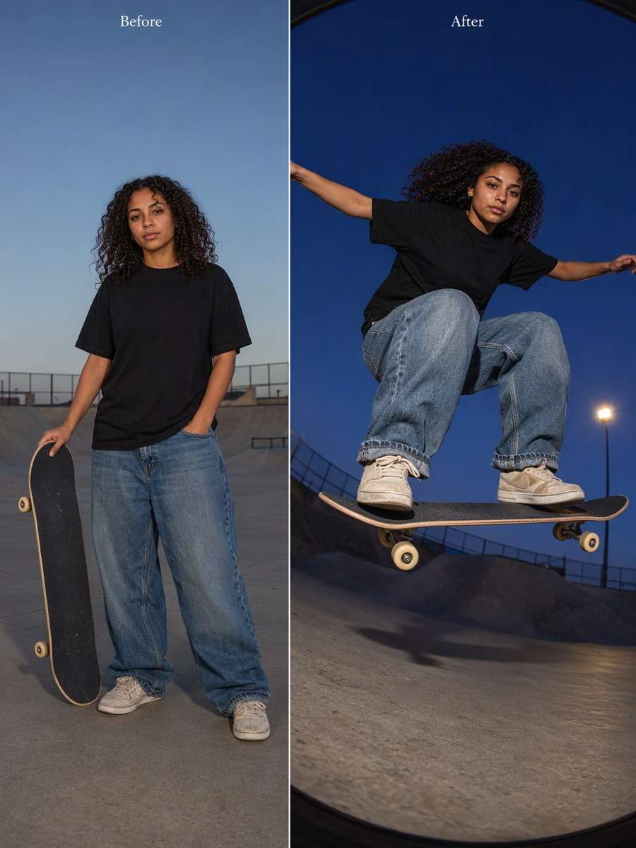 Airborne Ollie: Fisheye and Flash: reference Before and AI-created skate action After