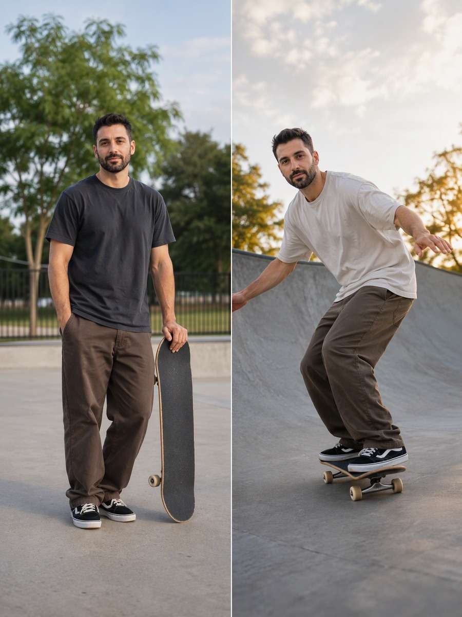 Soft Morning Mini-Ramp Roll: reference Before and AI-created skate action After