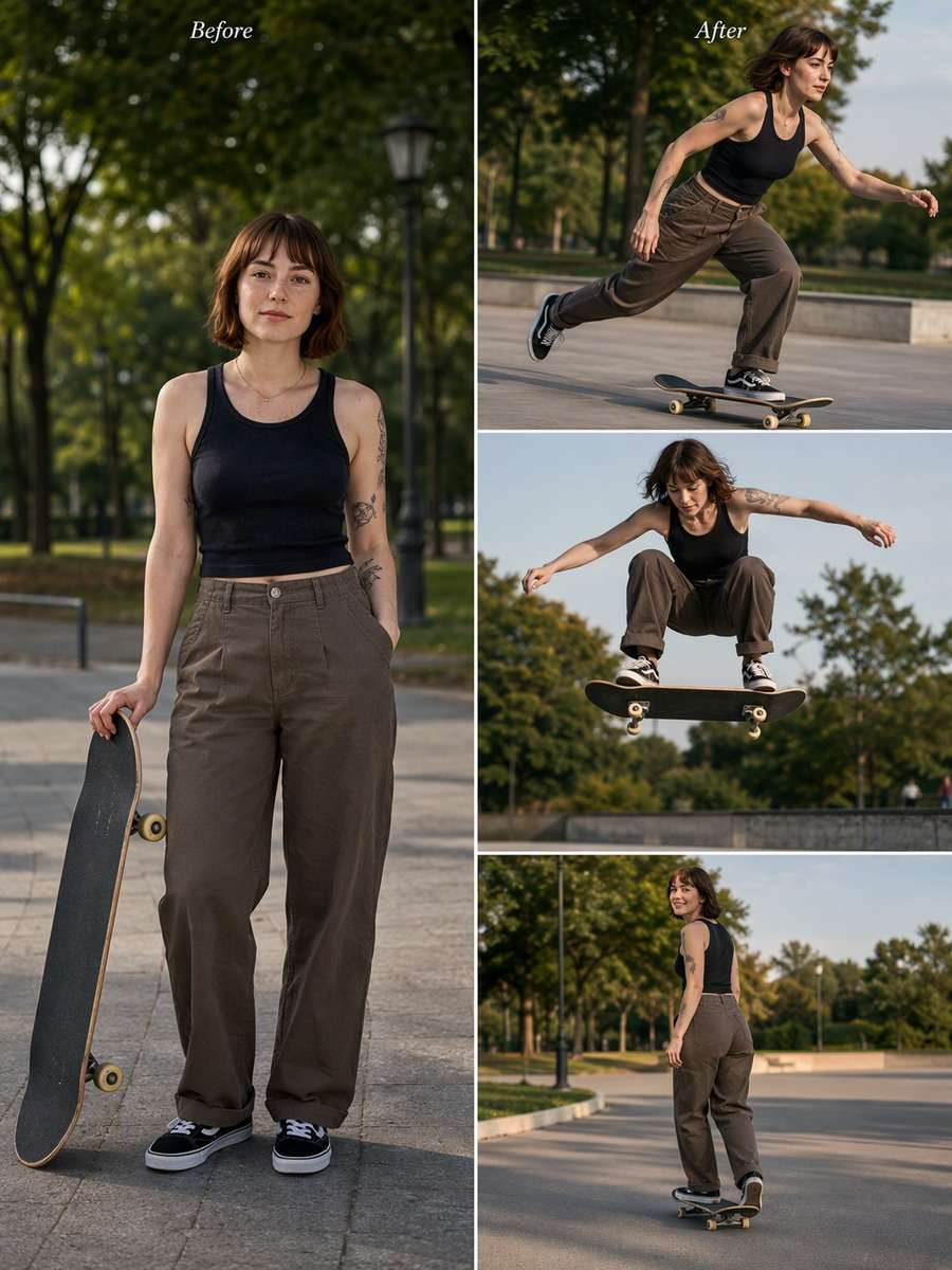 Three-Frame Skate Session: reference Before and AI-created skate action After
