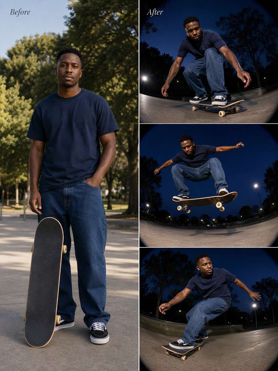 Fisheye Action Story: reference Before and AI-created skate action After