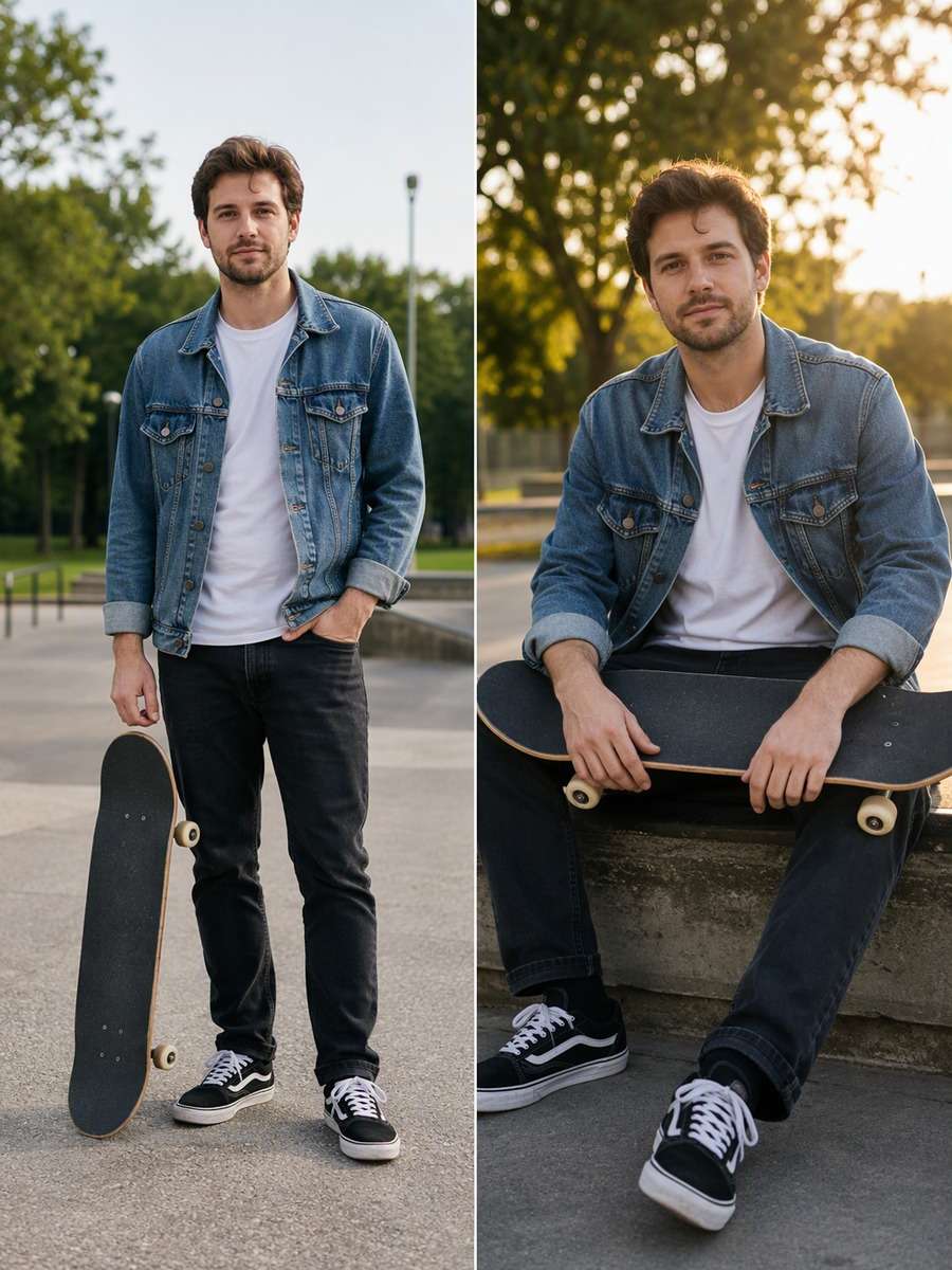 Skatepark Session Break: reference Before and AI-created session portrait After
