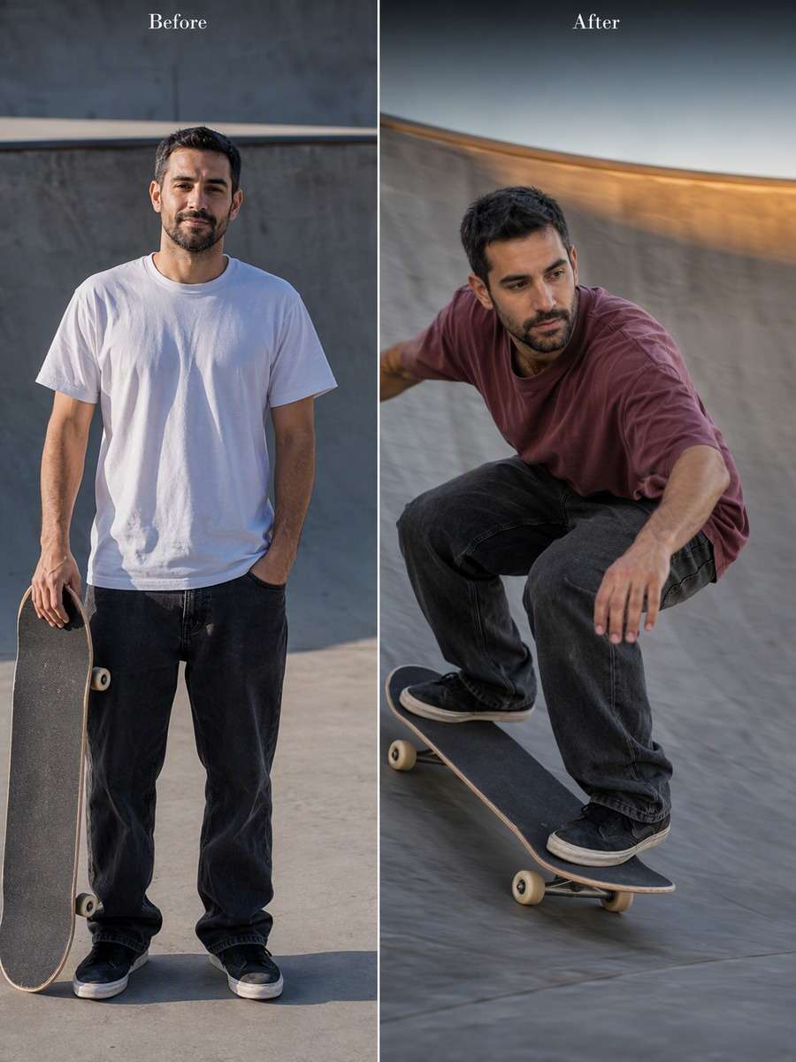 Concrete Carve: Speed and Golden Light: reference Before and AI-created skate action After