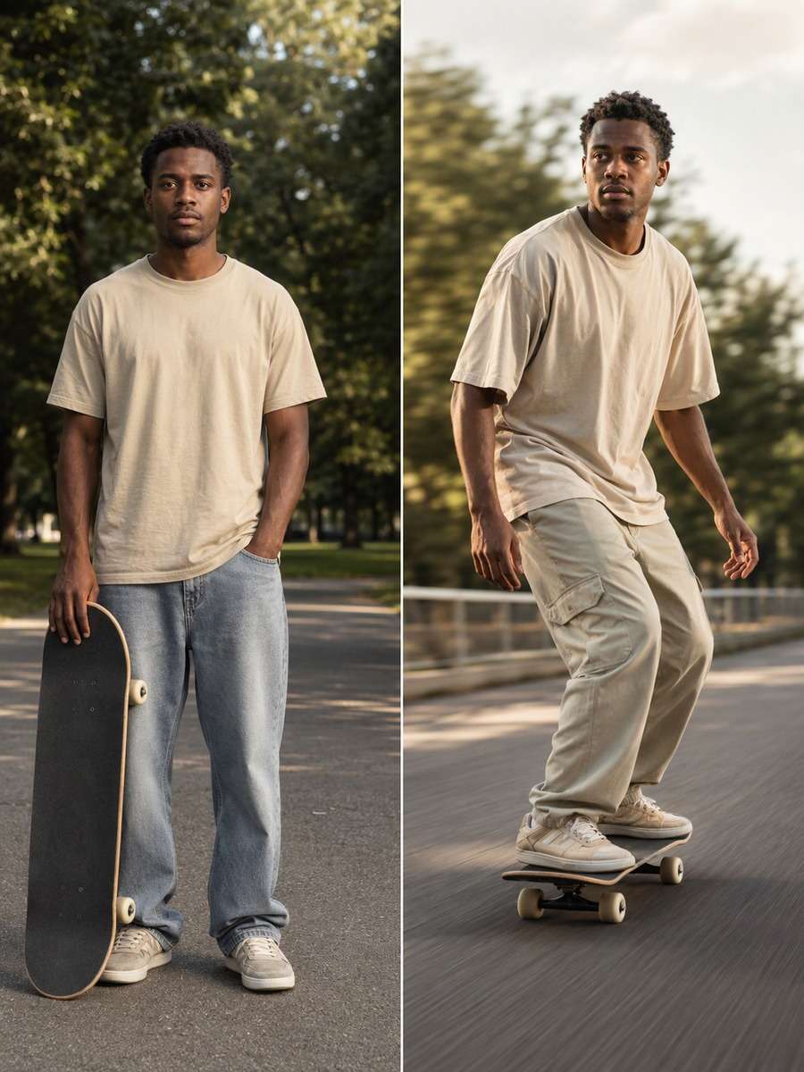 Golden-Hour Cruising: reference Before and AI-created skate action After