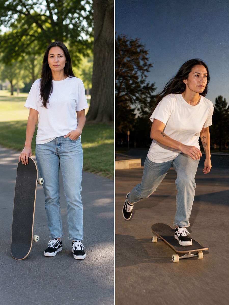 90s Flash Push-Off: reference Before and AI-created skate action After
