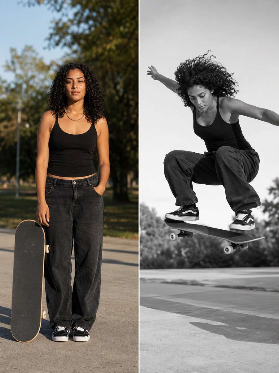 Monochrome Ollie Study: reference Before and AI-created skate action After