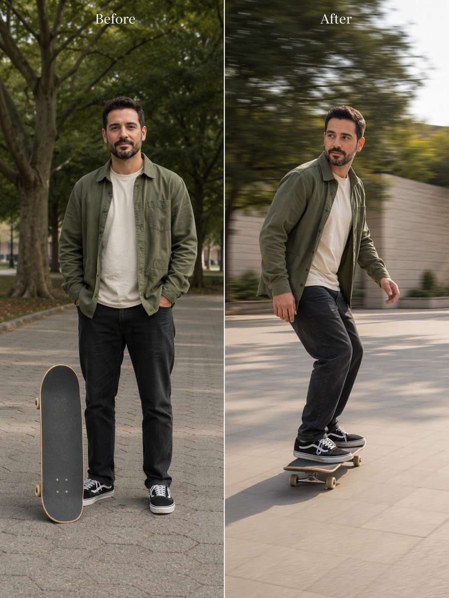 Smooth Courtyard Roll: reference Before and AI-created skate action After