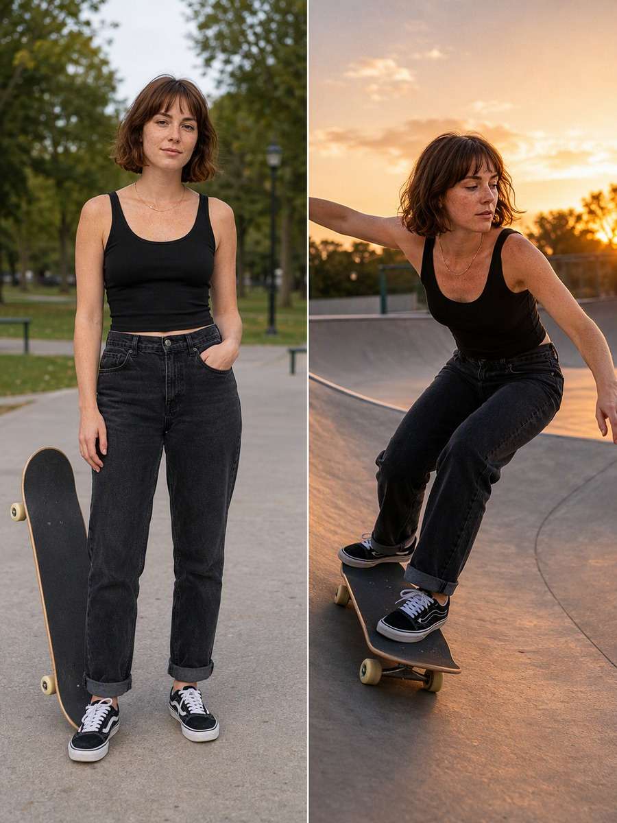 Frontside Bank Turn: reference Before and AI-created skate action After