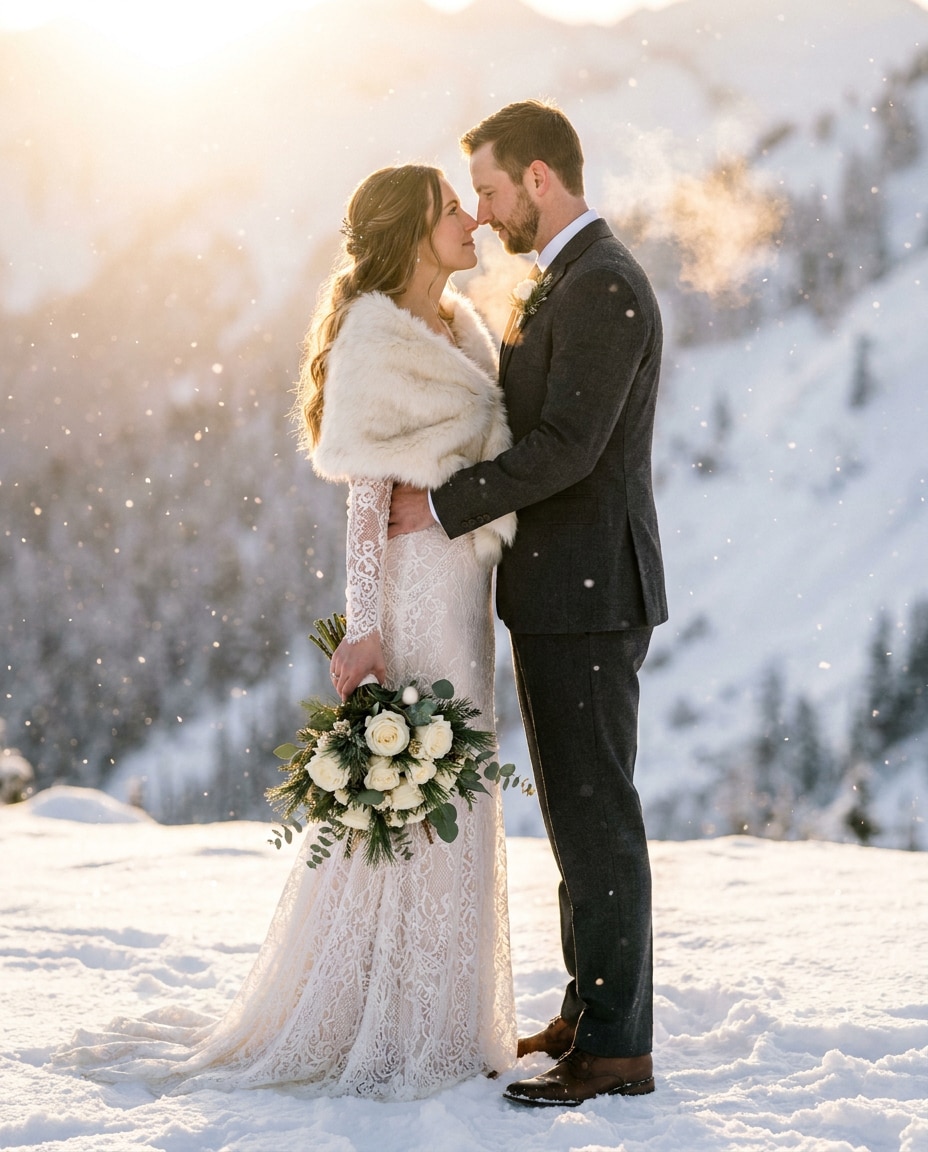 snowy wedding photo
