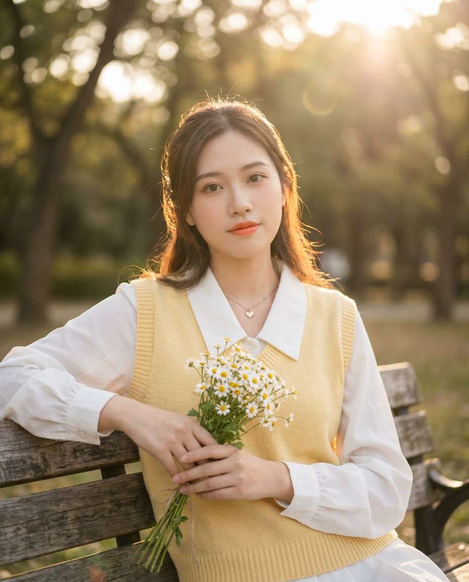 golden hour park bench photo