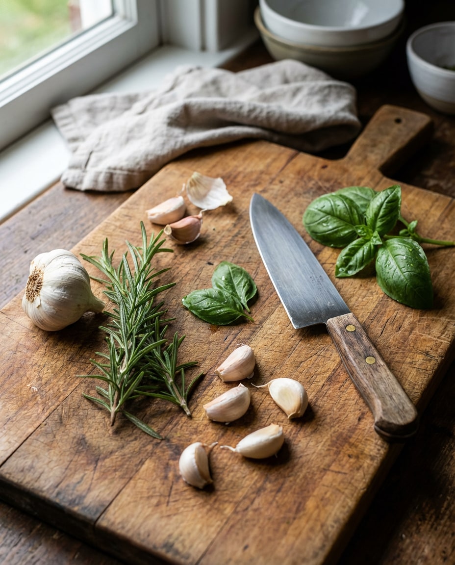 kitchen herbs and knife photo