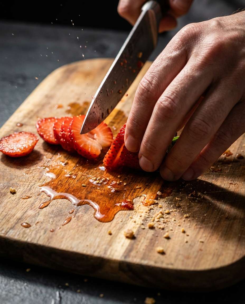 knife slices strawberry photo